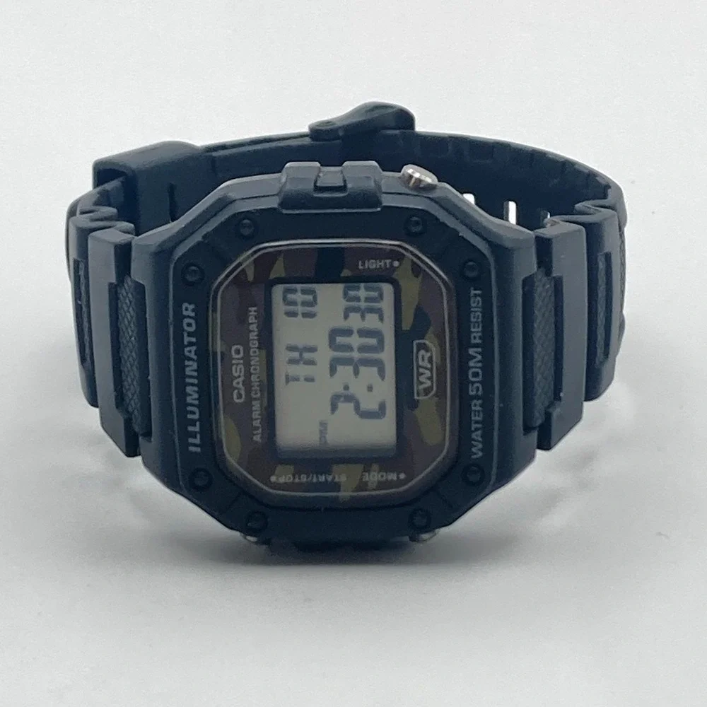 Casio Illuminator Watch Men 43mm Digital Camo Black 3224 W-218H Alarm Chrono